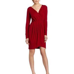 Karen Kane Red Faux Wrap Pleated Stretch Jersey Midi Long Sleeve Dress Sz Medium